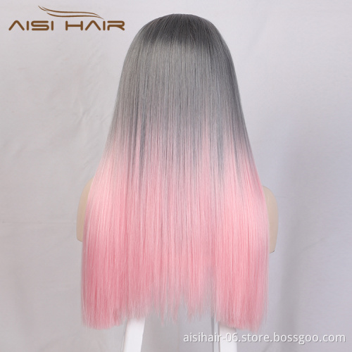 Aisi Hair Wholesale Long Silky Straight Ombre Pink Dark Root Lace Wig Middle Part Synthetic Hair Lace Frontal Wigs For Women